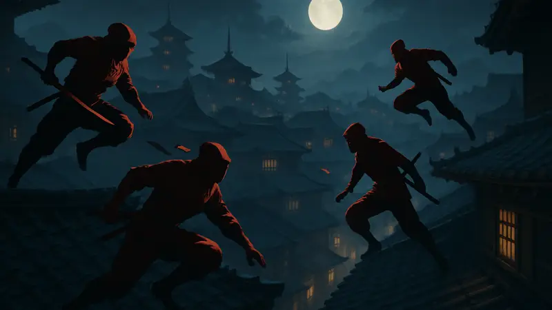 Четыре ниндзя-синоби из игры Yakoh Shinobi Ops скрытно перемещаются по крышам в ночном городе.