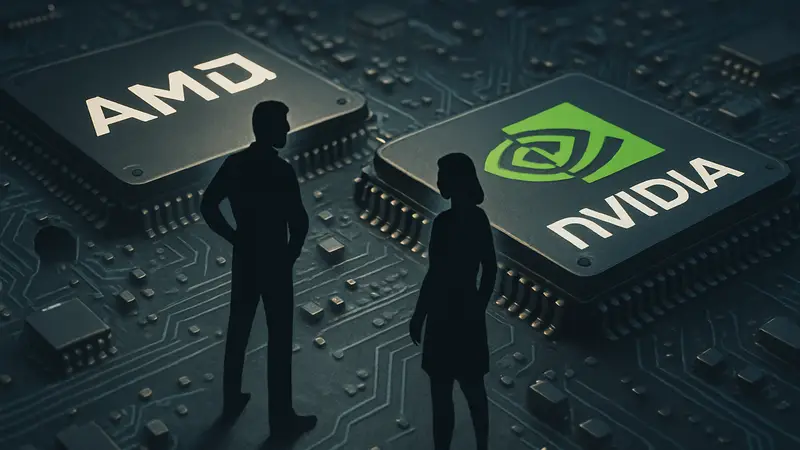 Логотипы AMD и Nvidia на фоне микросхем, символизирующих противостояние CUDA в индустрии.