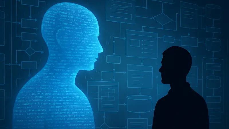 Визуализация алгоритмов ИИ, создающих код, на фоне схемы spec-driven разработки для enterprise-решений.