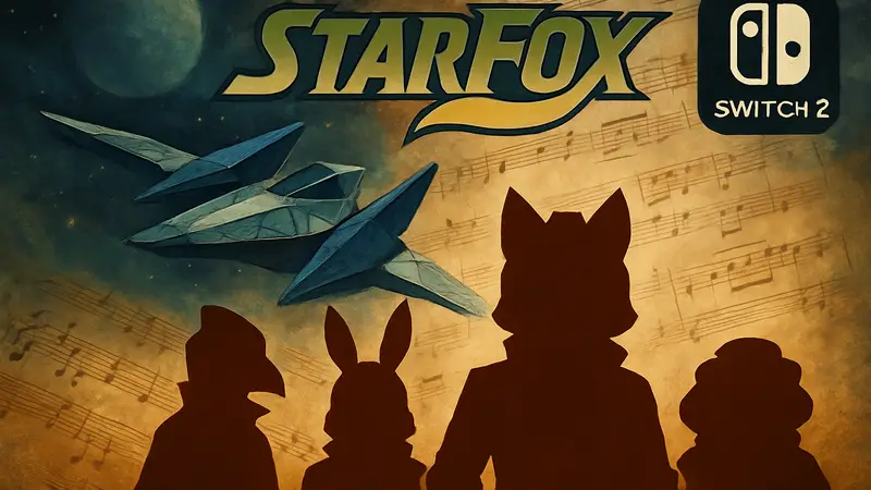Изображение обложки или концепт-арта игры Star Fox на фоне музыкальных нот и логотипа Nintendo Switch 2.