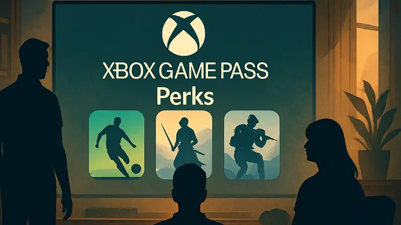Логотип Xbox Game Pass с надписью "Perks" и иконками популярных игр, доступных по подписке.