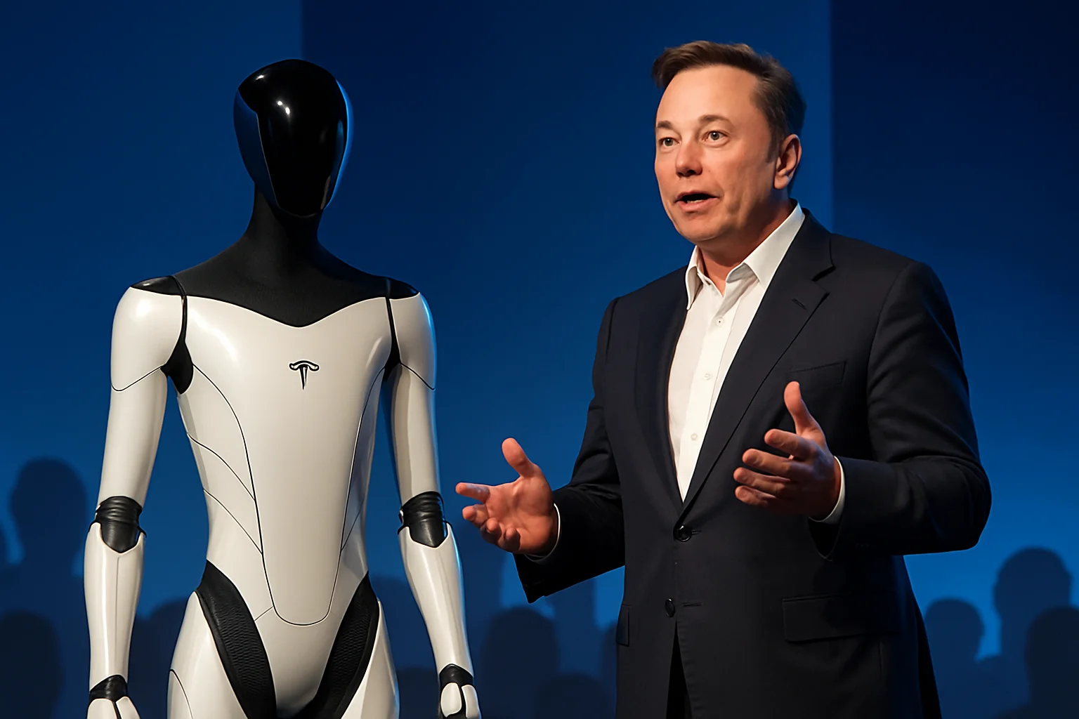 Илон Маск на сцене, рядом с ним прототип робота-гуманоида Tesla Optimus, выступает на форуме в Давосе.