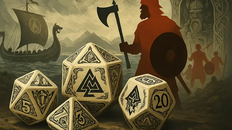 Уникальные RPG-кубики Go Viking на фоне стилизованной викингской графики.