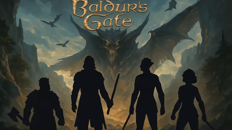 Обложка или арт игры Baldur's Gate 3, с персонажами и логотипом