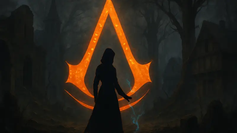 Логотип или концепт-арт Assassin's Creed Hexe, демонстрирующий мрачную атмосферу и магию.