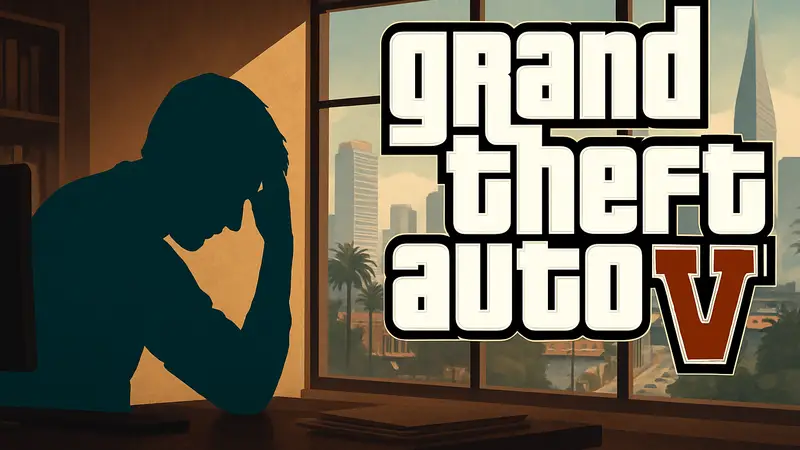 Логотип Grand Theft Auto 6 на фоне нервного разработчика