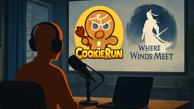 Обложка Pocket Gamer Podcast с логотипами игр CookieRun и Where Winds Meet.