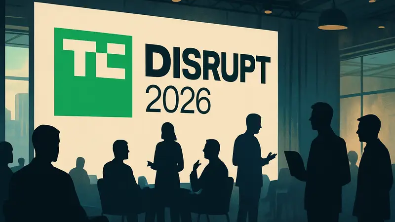 Логотип конференции TechCrunch Disrupt 2026 с изображением стартапов и венчурных капиталистов.