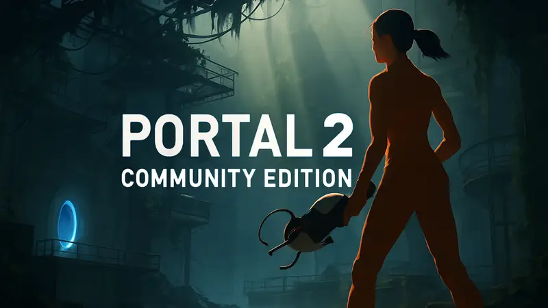 Логотип Portal 2 Community Edition на фоне игрового мира, демонстрирующего новый движок освещения.