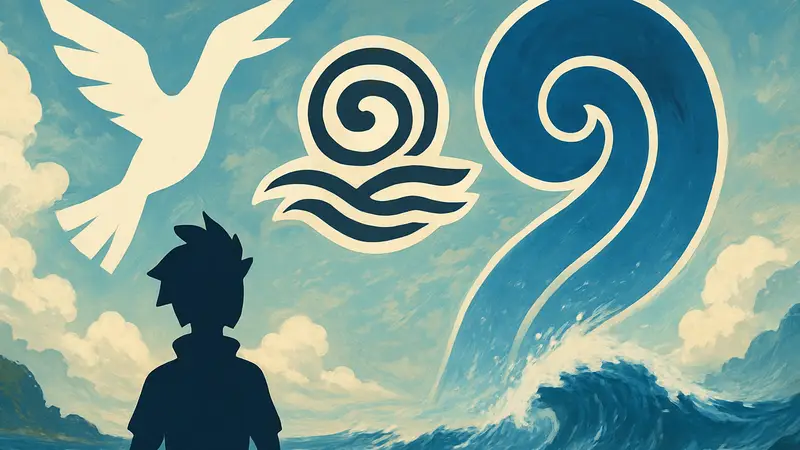 Логотип Pokemon Winds and Waves на фоне стилизованных символов Летающего и Водного типов покемонов.