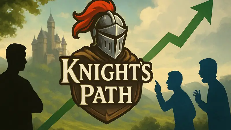 Изображение логотипа игры Knight's Path с фоном, символизирующим рост популярности или противостояние мнений.
