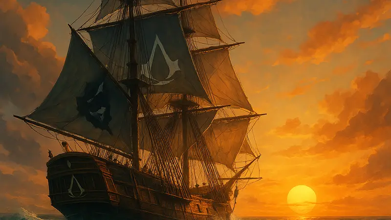 Пиратский корабль из Assassin's Creed Black Flag Resynced, парусник на фоне бушующего моря и солнечного заката.