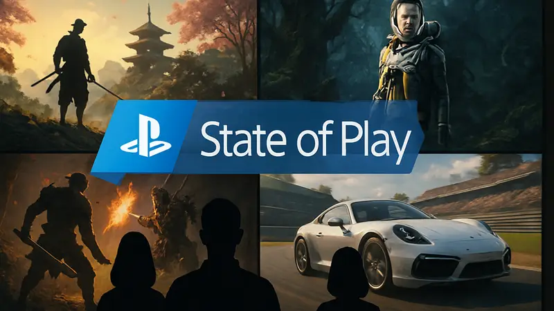 Логотип State of Play на фоне игровых кадров с PS5 анонсами.