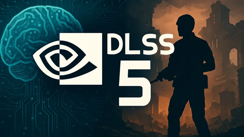 Логотип Nvidia DLSS 5 на фоне графического изображения, символизирующего ИИ и игровую графику.