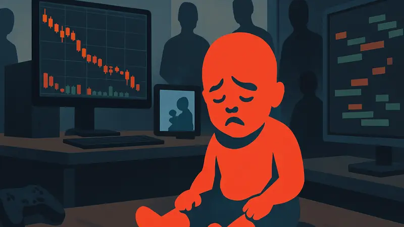 Младенец с трагическим выражением лица, символизирующий крах виртуального трейдинга и спекуляций.