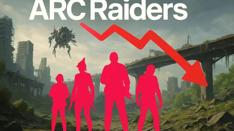 Обложка игры ARC Raiders с персонажами на фоне разрушенного мира, демонстрирующая падение онлайна.