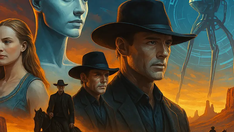 Постер сериала "Мир Дикого Запада" с изображением главных героев-андроидов и элементами дикого запада или футуристической технологии.