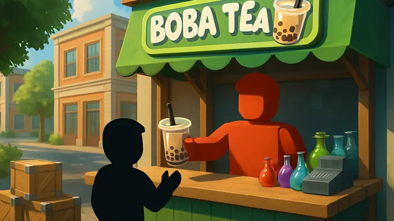 Игровой скриншот My Boba Stand в Roblox с персонажем, продающим боба-чай в феврале 2026.