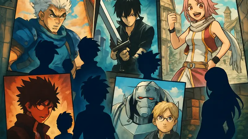 Обложки разнообразных сёнэн манг 2000-х годов, не из Weekly Shonen Jump, с яркими персонажами.