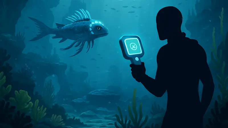 Игровой мир Subnautica 2: игрок использует биосканер для анализа подводной фауны.