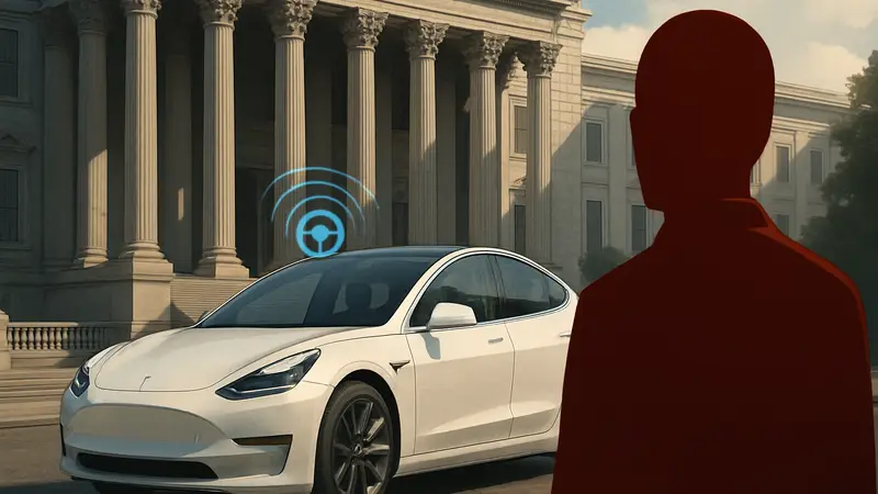 Автомобиль Tesla с включенным автопилотом, на фоне судебного здания.
