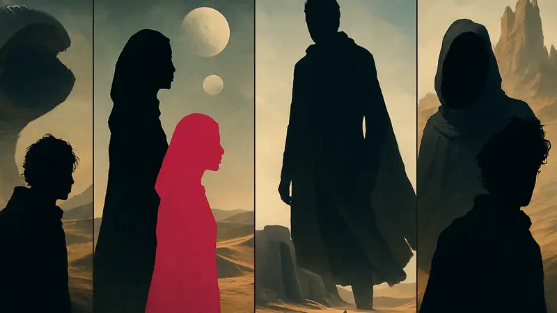 Мрачные постеры фильма «Дюна 3», с изображением главных героев и пустынных пейзажей планеты Арракис.