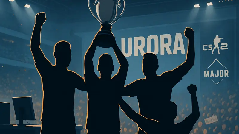 Команда Aurora празднует победу в киберспортивном матче CS2 на Major-турнире
