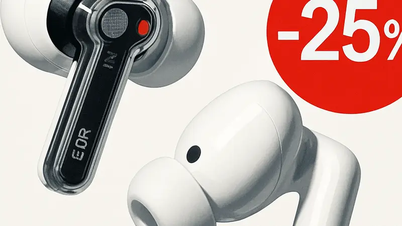 Беспроводные наушники Nothing Ear (a) на белом фоне демонстрируют свою скидку 25%.