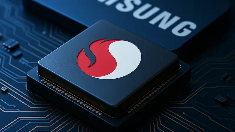 Микросхема процессора Qualcomm Snapdragon с логотипом Samsung на заднем плане