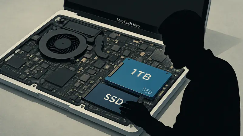 Внутренности MacBook Neo с замененным SSD на 1 ТБ, детали электроники