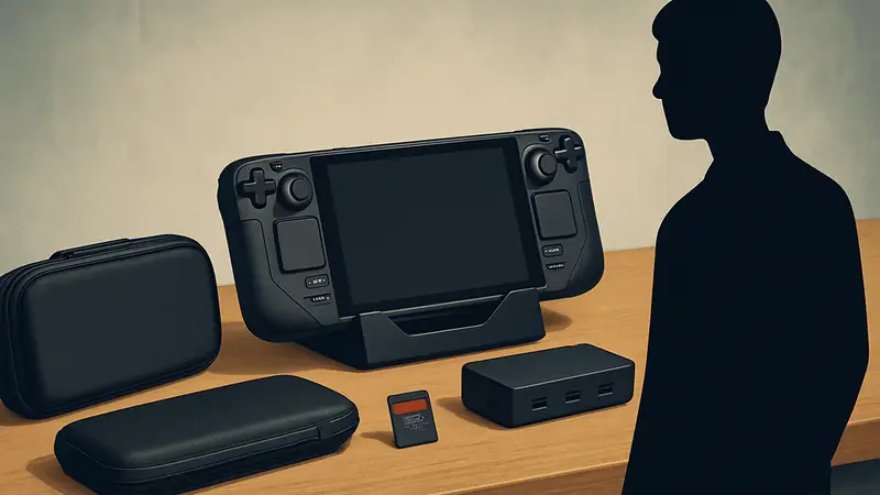 Различные аксессуары для Steam Deck, такие как чехол, док-станция и карта памяти.