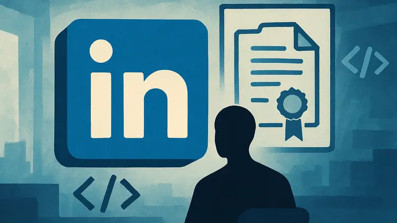 Логотип LinkedIn с изображением сертификата и элементов кода, символизирующих новые возможности.