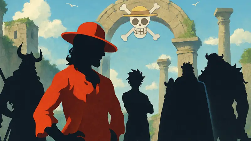 Иллюстрация персонажей One Piece, живших до Эры Пустоты, включая Джойбоя и других легенд Ван-Пис.