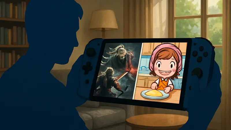 Игрок держит портативную консоль или фрагменты игрового процесса из Nioh и Cooking Mama.