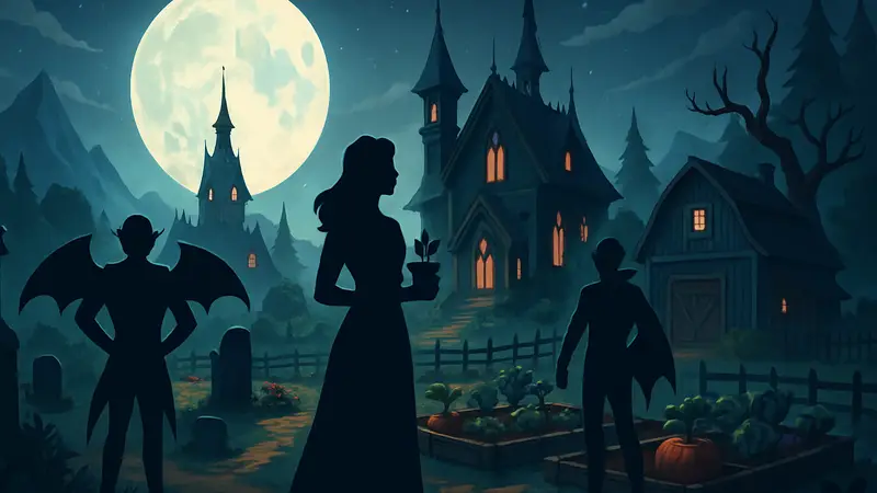 Арт или скриншот из игры Moonlight Peaks, показывающий ферму в готическом стиле с вампирами.