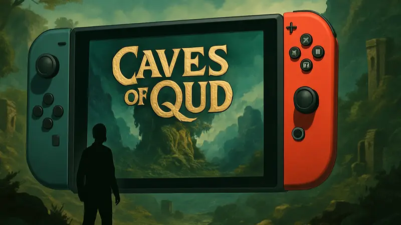 Логотип игры Caves of Qud на фоне Nintendo Switch, символизирующий скорый релиз на консоли.