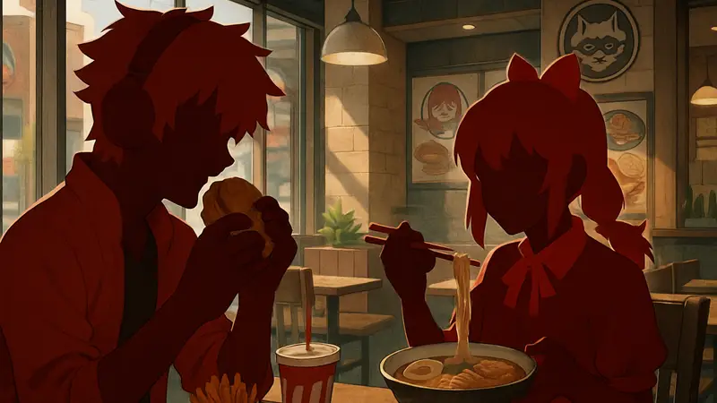 Персонажи Zenless Zone Zero Манэто и Эллен, наслаждающиеся едой в стилистике Wendy's или Kyuramen.