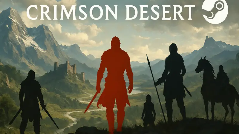 Логотип игры Crimson Desert на фоне эпического пейзажа с персонажами, Steam