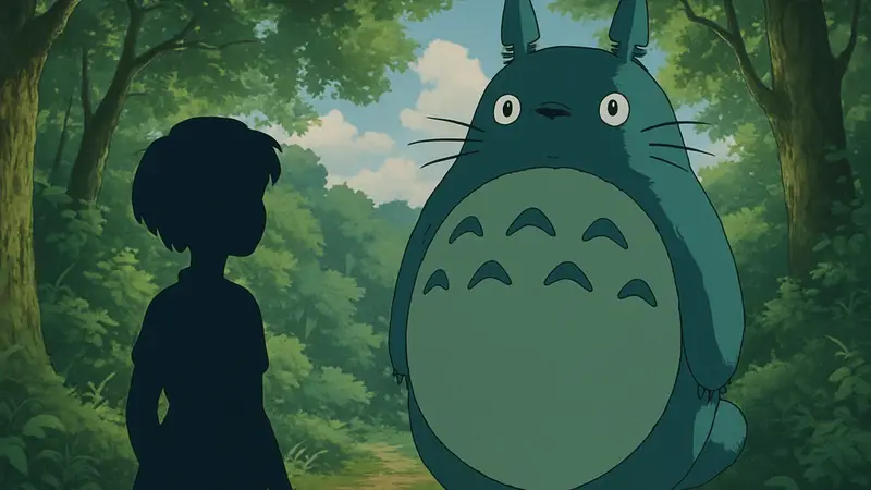 Кадр из классического аниме Studio Ghibli 90-х годов, например, с Тоторо или принцессой Мононоке.