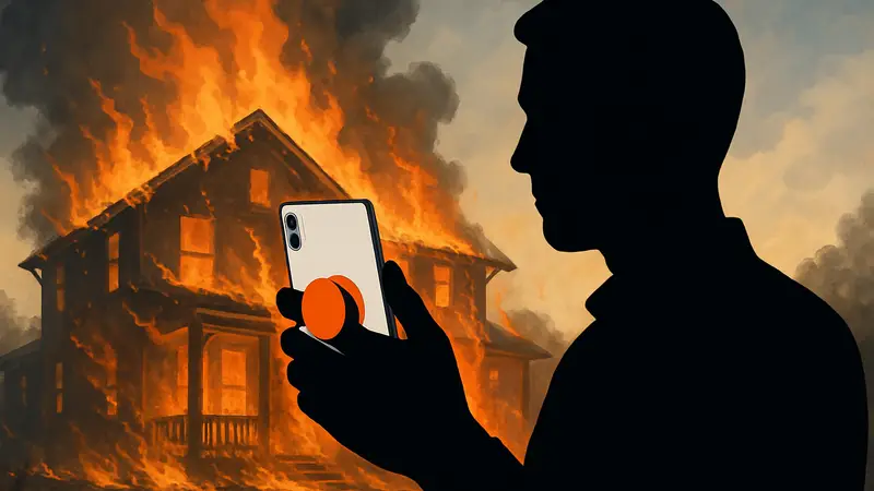 Человек держит смартфон с прикрепленным PopSocket на фоне горящего дома (символическое изображение).