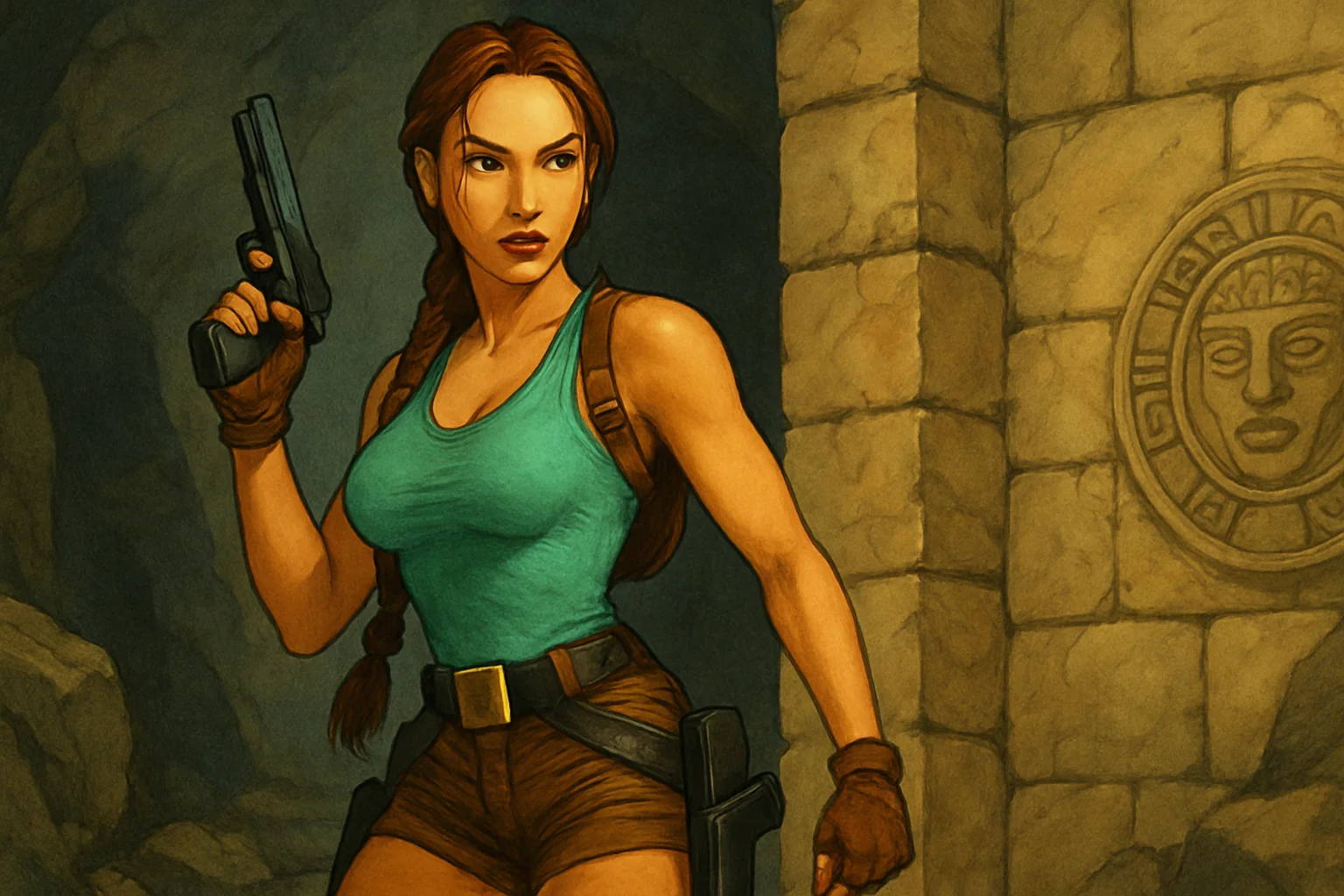 Ранний концепт-арт Лары Крофт из Tomb Raider, демонстрирующий её оригинальный дизайн.
