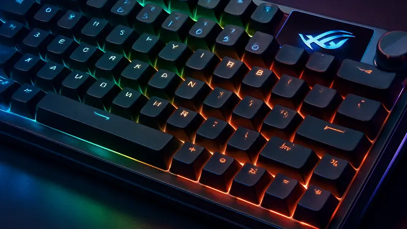 Крупный план игровой клавиатуры Asus ROG Azoth 96 HE с RGB-подсветкой, выделяющей механические клавиши и компактный дизайн.