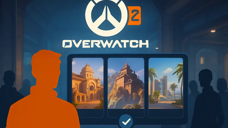 Логотип Overwatch 2 и элементы интерфейса, отображающие голосование за карты во втором сезоне.