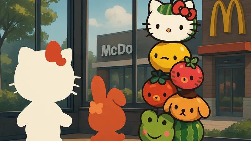 Персонажи Hello Kitty и Sanrio в стилистике Suika Game