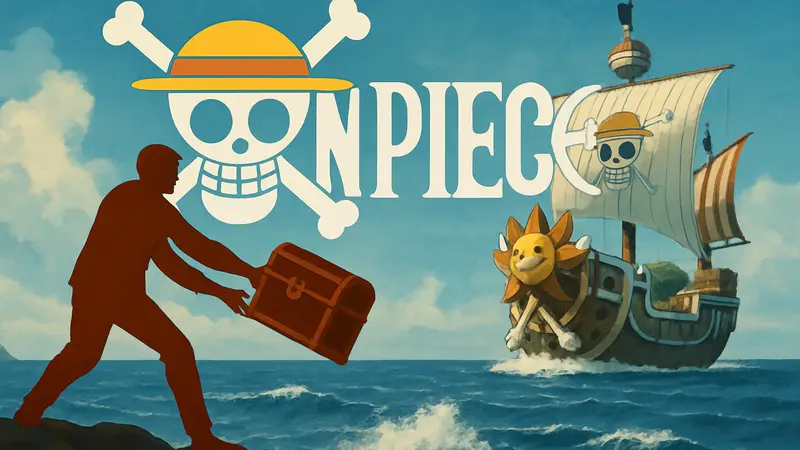 Эйитиро Ода с сундуком, который он бросает в океан, на фоне логотипа One Piece и корабля.