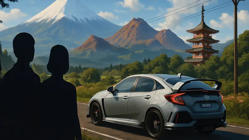 Скриншот Forza Horizon 6 с японским пейзажем, вулканами и автомобилем Honda Civic.