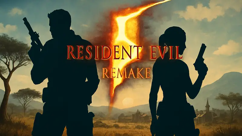 Логотип Resident Evil 5 Remake на фоне африканского пейзажа и персонажей Криса и Шевы
