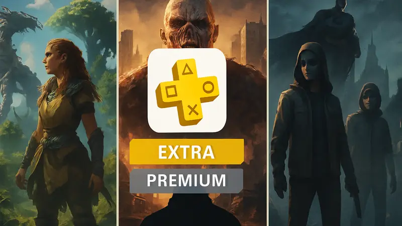 Логотип PlayStation Plus с надписями Extra и Premium на фоне обложек новых игр