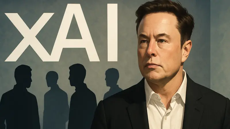 Илон Маск на фоне логотипа xAI, символизирующий кадровые изменения в компании.
