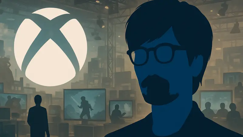 Логотип Xbox и изображение Хидео Кодзимы на фоне игровой индустрии, символизирующие поиск новых талантов.